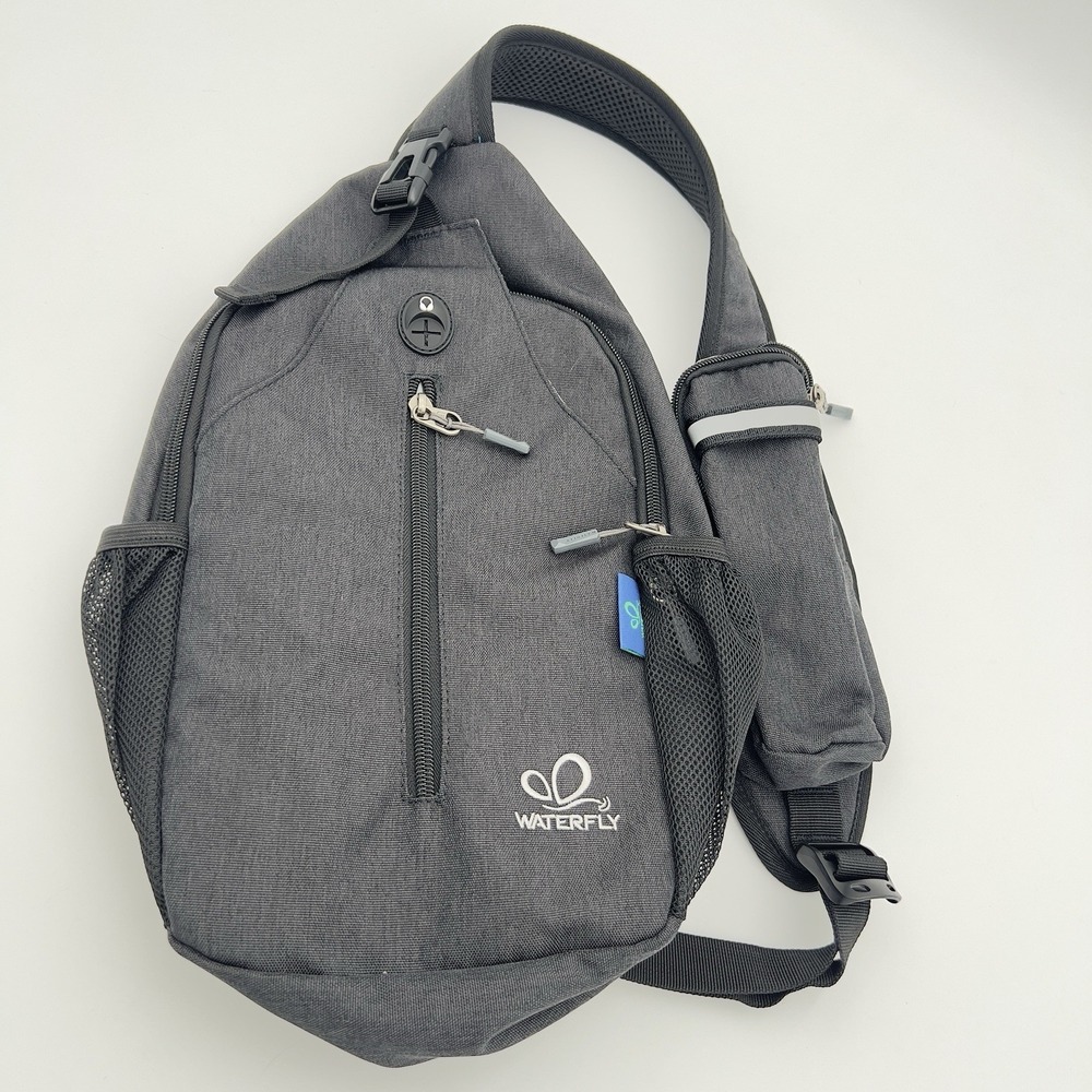 WATERFLY Gray Sling Backpack Crossbody Chest Bag Hiking‎ Travel Daypack USB Port
